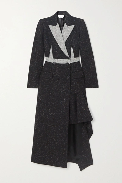 Shop Alexander Mcqueen Asymmetric Double-breasted Donegal Wool-blend Coat In Black