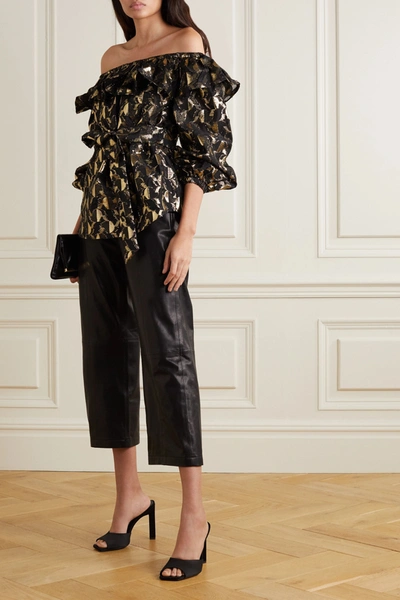 Shop Rebecca Vallance Brocatto Off-the-shoulder Belted Ruffled Metallic Fil Coupé Woven Blouse In Black