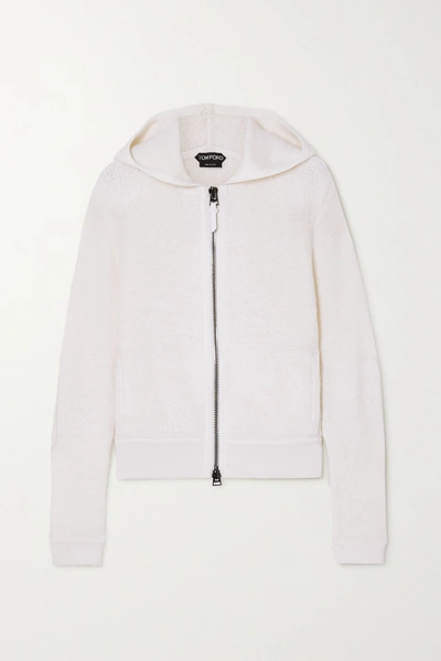 Shop Tom Ford Leather-trimmed Cashmere-blend Bouclé Hoodie In White
