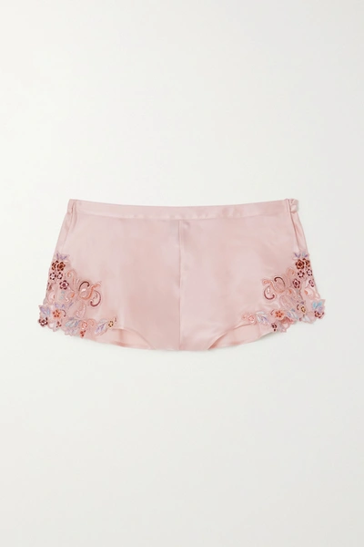 Shop La Perla Maison Rainbow Embroidered Lace-trimmed Silk-satin Pajama Shorts In Blush