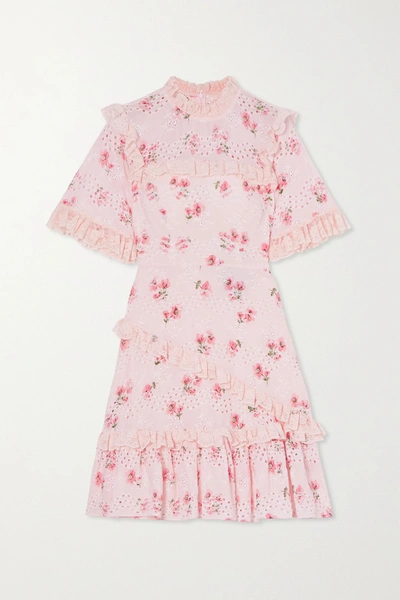 Shop Needle & Thread Desert Rose Ruffled Floral-print Broderie Anglaise Cotton-blend Mini Dress In Baby Pink