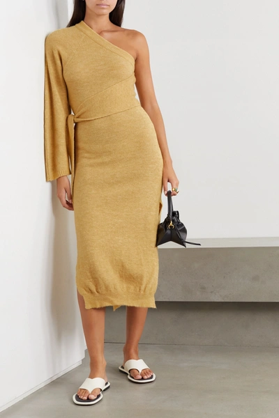 Shop Nanushka Cedro One-sleeve Tie-detailed Stretch-knit Midi Dress In Yellow