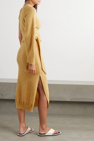 Shop Nanushka Cedro One-sleeve Tie-detailed Stretch-knit Midi Dress In Yellow