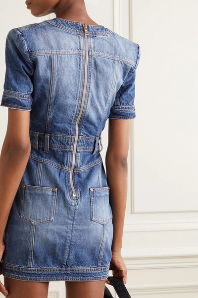 Shop Balmain Button-embellished Denim Mini Dress In Blue