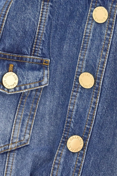 Shop Balmain Button-embellished Denim Mini Dress In Blue