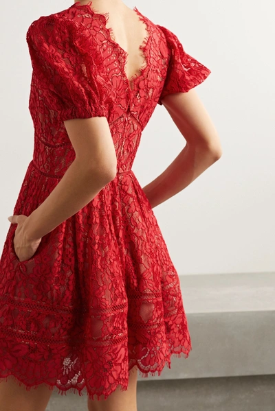 Shop Self-portrait Crochet-trimmed Cotton-blend Corded Lace Mini Dress In Red