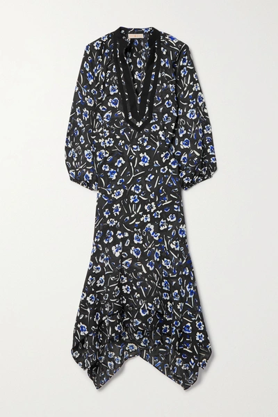 Shop Tory Burch Asymmetric Grosgrain-trimmed Floral-print Crepe Midi Dress In Charcoal