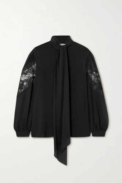 Shop Givenchy Pussy-bow Lace-trimmed Silk-chiffon Blouse In Black