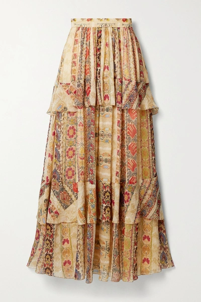 Shop Etro Tiered Floral-print Silk Crepe De Chine Maxi Skirt In Beige