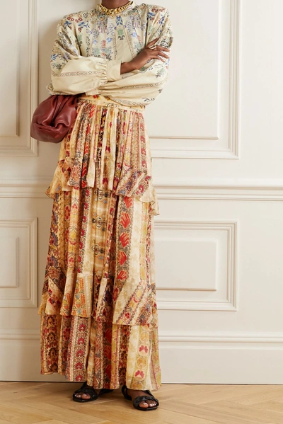 Shop Etro Tiered Floral-print Silk Crepe De Chine Maxi Skirt In Beige