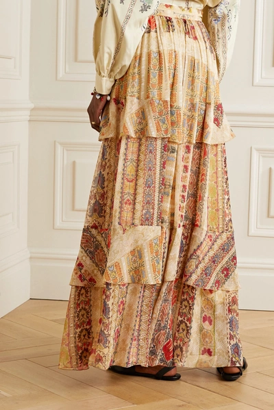 Shop Etro Tiered Floral-print Silk Crepe De Chine Maxi Skirt In Beige