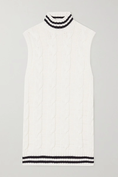 Shop Ganni Striped Cable-knit Cotton-blend Turtleneck Tank In Ivory