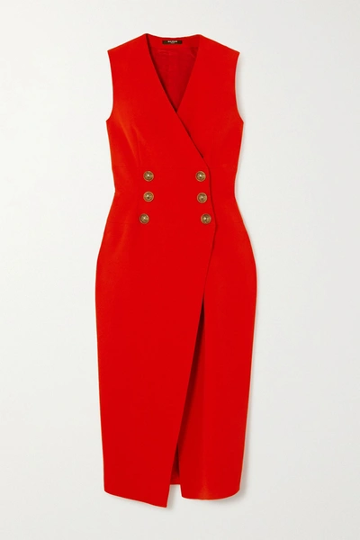 Shop Balmain Crepe Midi Dress In Red