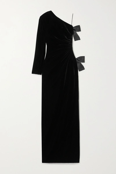 Shop Saint Laurent One-sleeve Bow-embellished Cutout Velvet Gown In Black