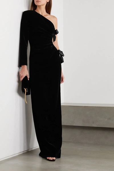 Shop Saint Laurent One-sleeve Bow-embellished Cutout Velvet Gown In Black