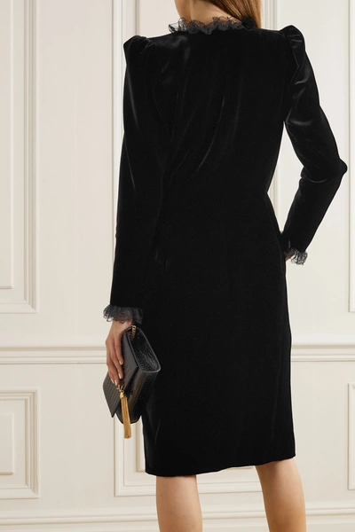 Shop Saint Laurent Lace-trimmed Velvet Wrap Dress In Black