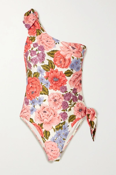 Shop Zimmermann Poppy One-shoulder Cutout Floral-print Swimsuit In Pink