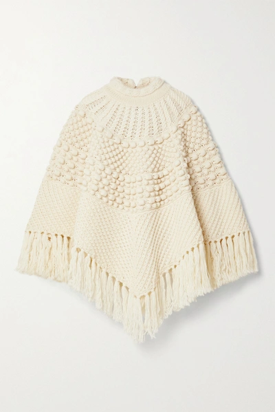 Shop Saint Laurent Fringed Wool Poncho In White