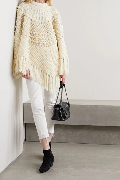 Shop Saint Laurent Fringed Wool Poncho In White