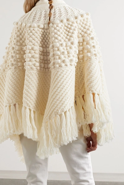 Shop Saint Laurent Fringed Wool Poncho In White