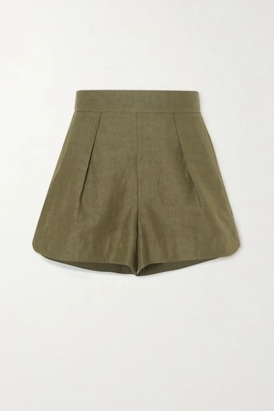 Shop Chloé Pleated Linen And Cotton-blend Shorts In Green