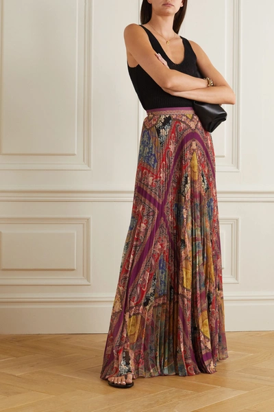 Shop Etro Pleated Floral-print Georgette Maxi Skirt In Purple