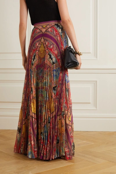 Shop Etro Pleated Floral-print Georgette Maxi Skirt In Purple