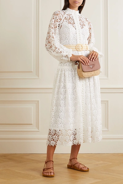 Shop Zimmermann Belted Button-detailed Guipure Lace Midi Dress In Ivory