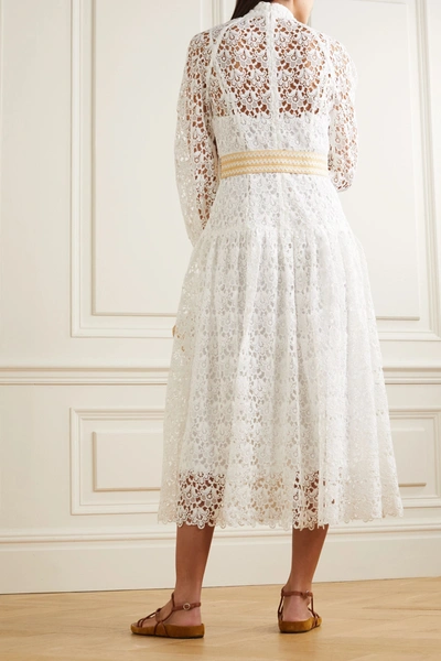 Shop Zimmermann Belted Button-detailed Guipure Lace Midi Dress In Ivory
