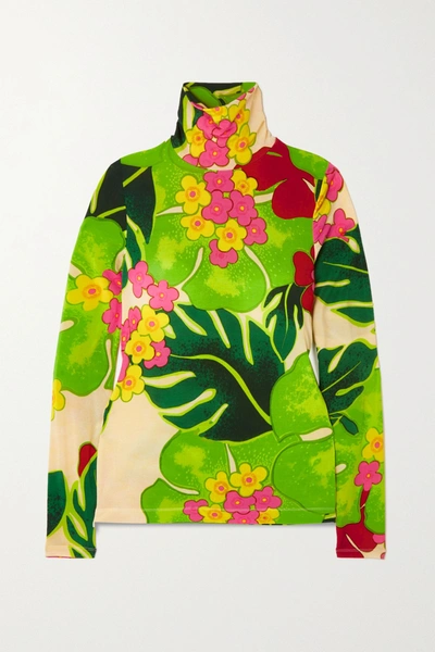 Shop Dries Van Noten Floral-print Stretch-jersey Turtleneck Top In Bright Green