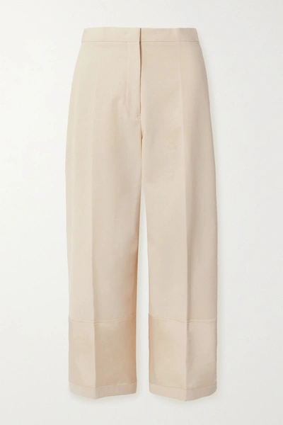 Shop Jil Sander Satin-trimmed Cotton-canvas Wide-leg Pants In Ecru