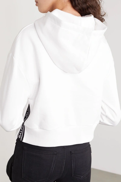 Shop Balmain Cropped Flocked Cotton-jersey Hoodie In White