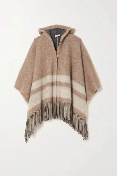 Shop Brunello Cucinelli Hooded Fringed Striped Knitted Poncho In Beige