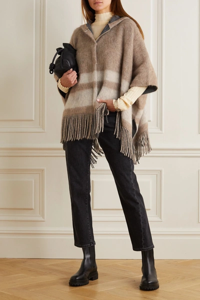 Shop Brunello Cucinelli Hooded Fringed Striped Knitted Poncho In Beige