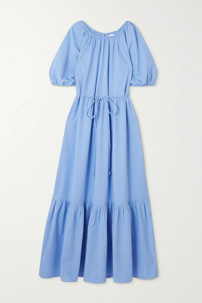 Shop Apiece Apart Simone Belted Tiered Organic Cotton Midi Dress In Light Blue