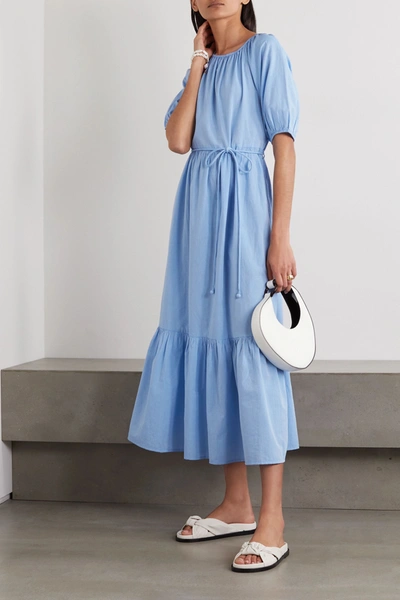 Shop Apiece Apart Simone Belted Tiered Organic Cotton Midi Dress In Light Blue