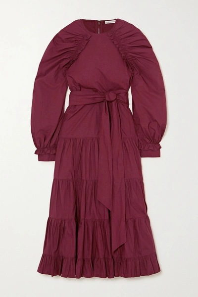 Shop Ulla Johnson Samar Belted Tiered Ruched Cotton-poplin Midi Dress In Burgundy