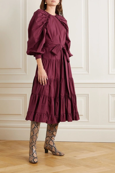 Shop Ulla Johnson Samar Belted Tiered Ruched Cotton-poplin Midi Dress In Burgundy