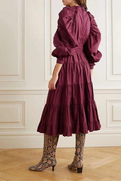 Shop Ulla Johnson Samar Belted Tiered Ruched Cotton-poplin Midi Dress In Burgundy