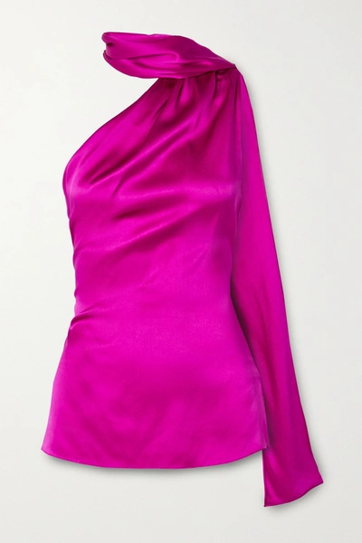 Shop Adam Lippes One-shoulder Draped Silk-charmeuse Top In Magenta