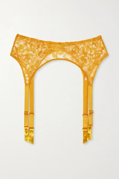 Shop Myla Columbia Road Satin-trimmed Embroidered Tulle Suspender Belt In Yellow