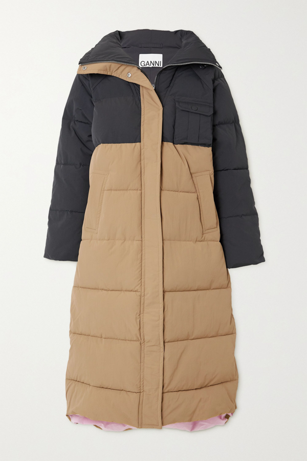 Ganni Convertible Color-block Quilted Padded Shell Coat In Beige | ModeSens