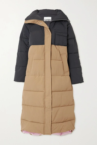 Shop Ganni Convertible Color-block Quilted Padded Shell Coat In Beige