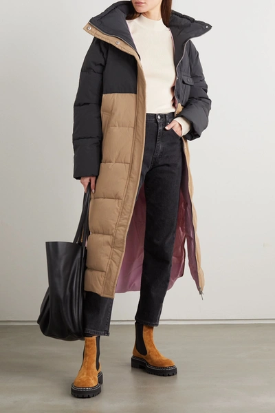 Shop Ganni Convertible Color-block Quilted Padded Shell Coat In Beige