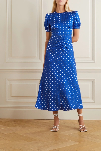 Shop Self-portrait Polka-dot Satin-jacquard Midi Dress In Blue