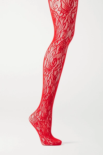 Floral Stretch-lace Tights In Red