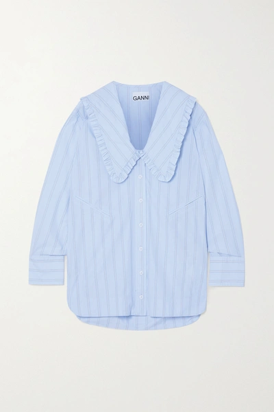 Shop Ganni Ruffled Striped Organic Cotton Shirt In Light Blue