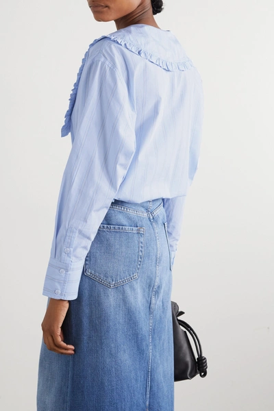 Shop Ganni Ruffled Striped Organic Cotton Shirt In Light Blue