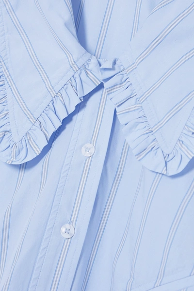 Shop Ganni Ruffled Striped Organic Cotton Shirt In Light Blue