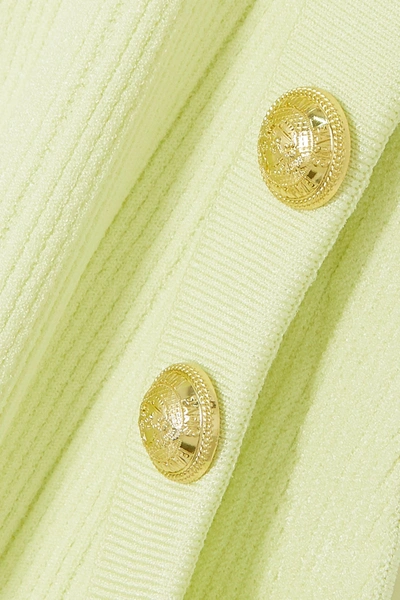 Shop Balmain Button-embellished Ribbed-knit Mini Dress In Yellow
